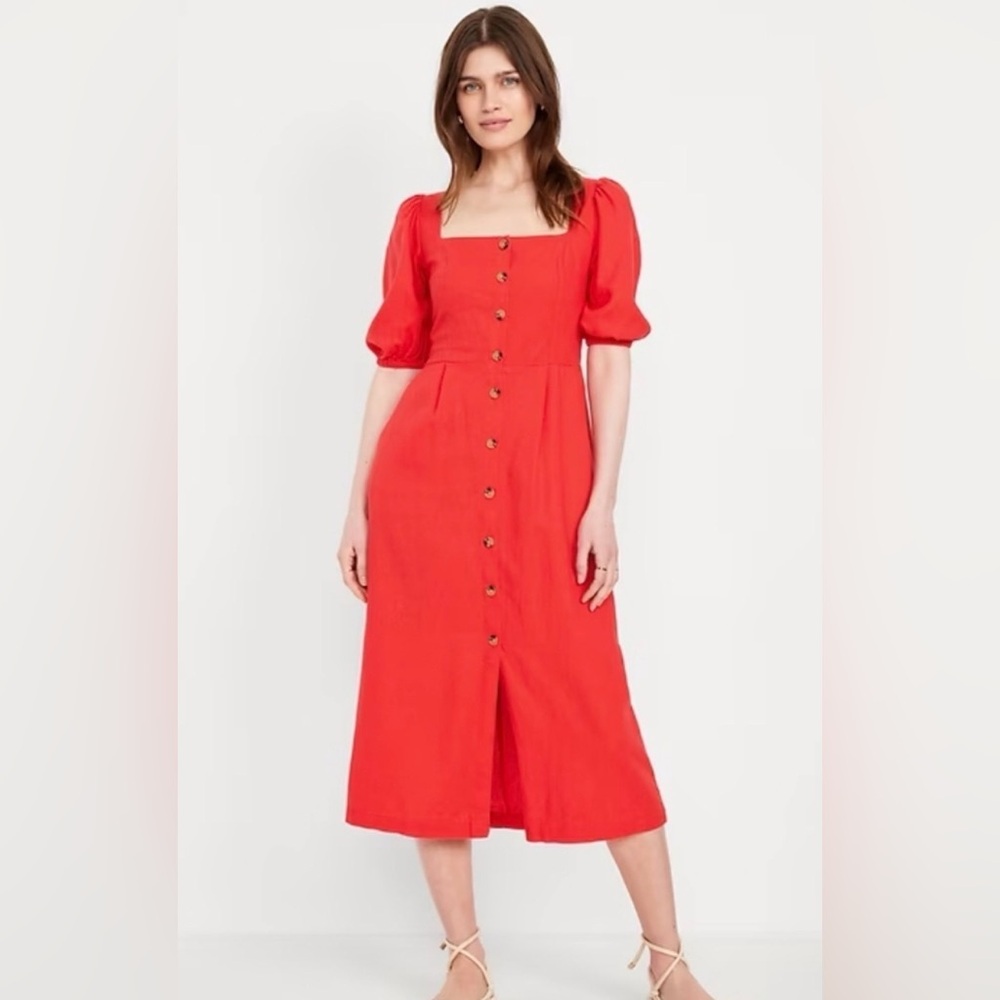 Old Navy Linen Blend Button down midi dress with puff sleeves.